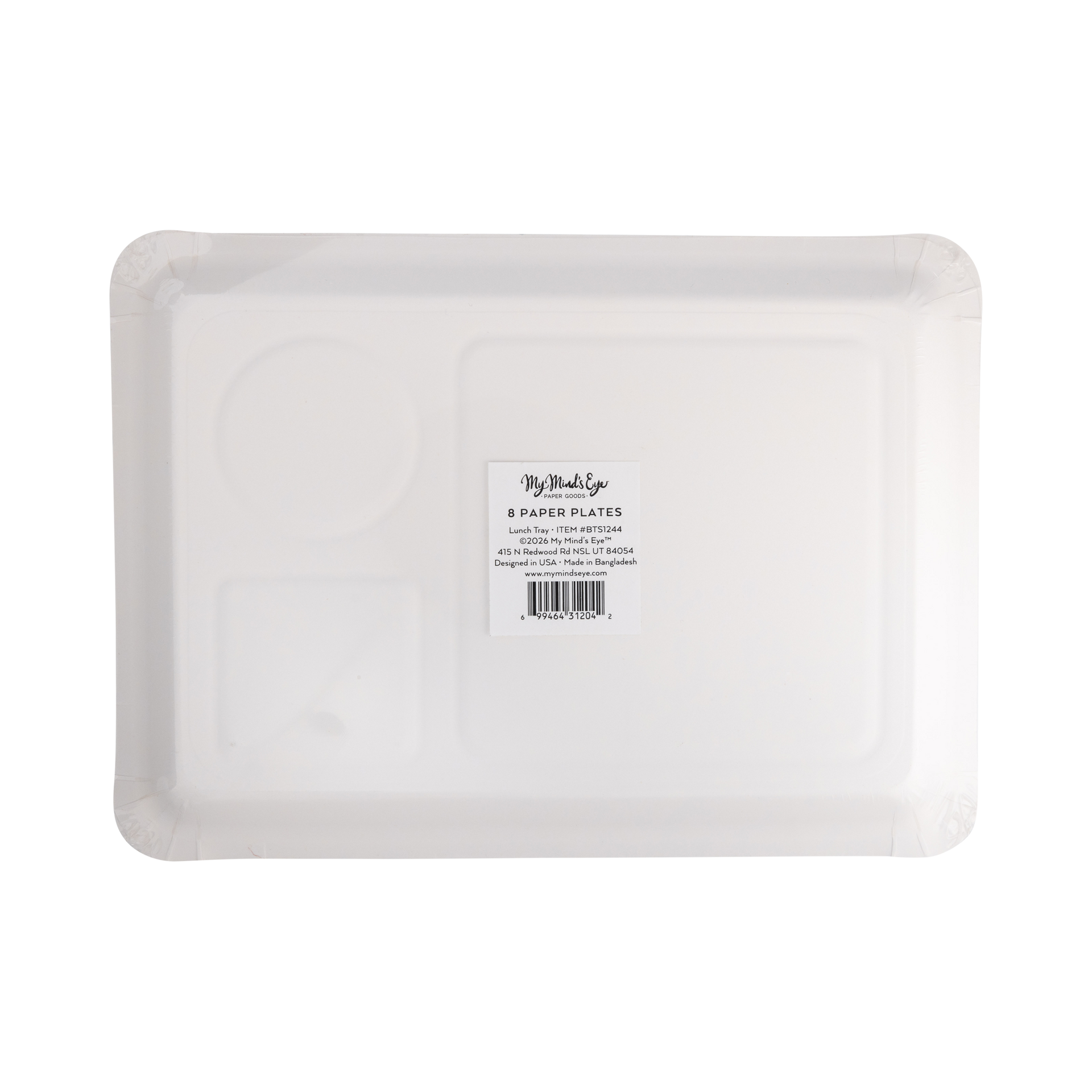 White paper plates in a tray with a visible brand label on a white background