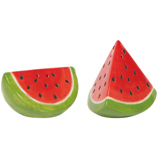 Watermelon-shaped salt and pepper shakers on a white background