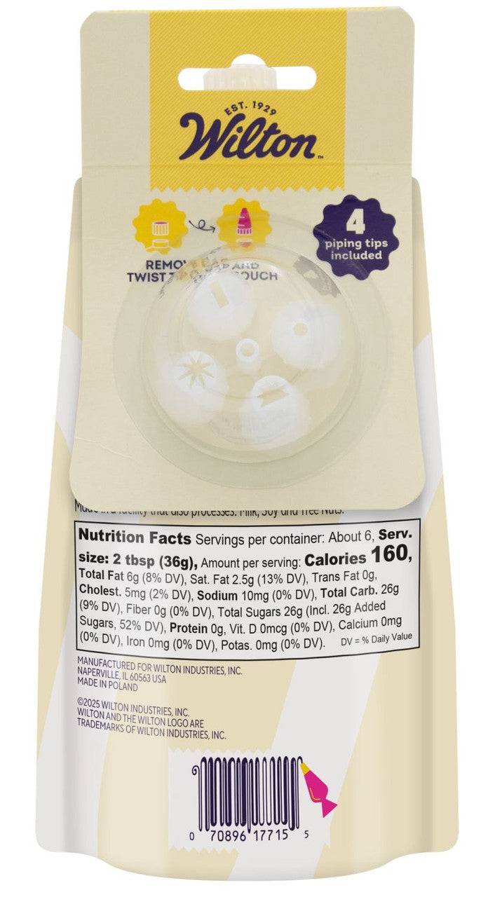 Wilton cake decorating frosting packaging with tips and nutrition facts label