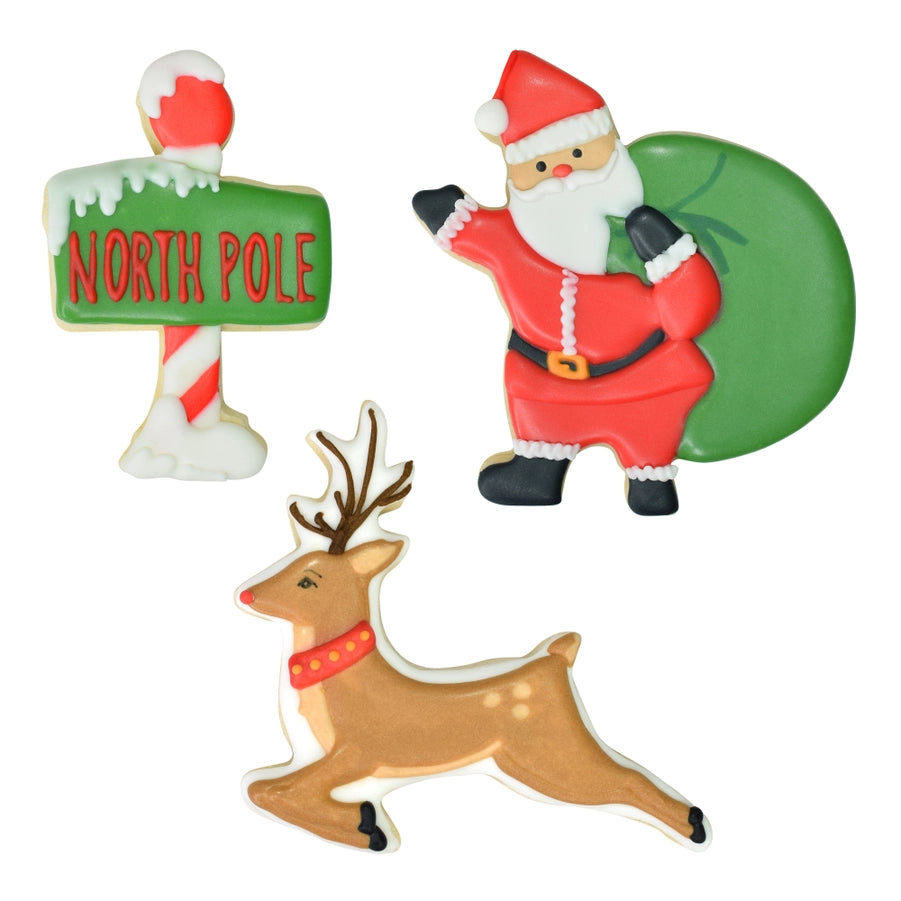 Three Christmas-themed sugar cookie cutouts on a plain white background: a candy cane sign reading NORTH POLE, Santa Claus carrying a green sack, and a brown reindeer with a red collar.