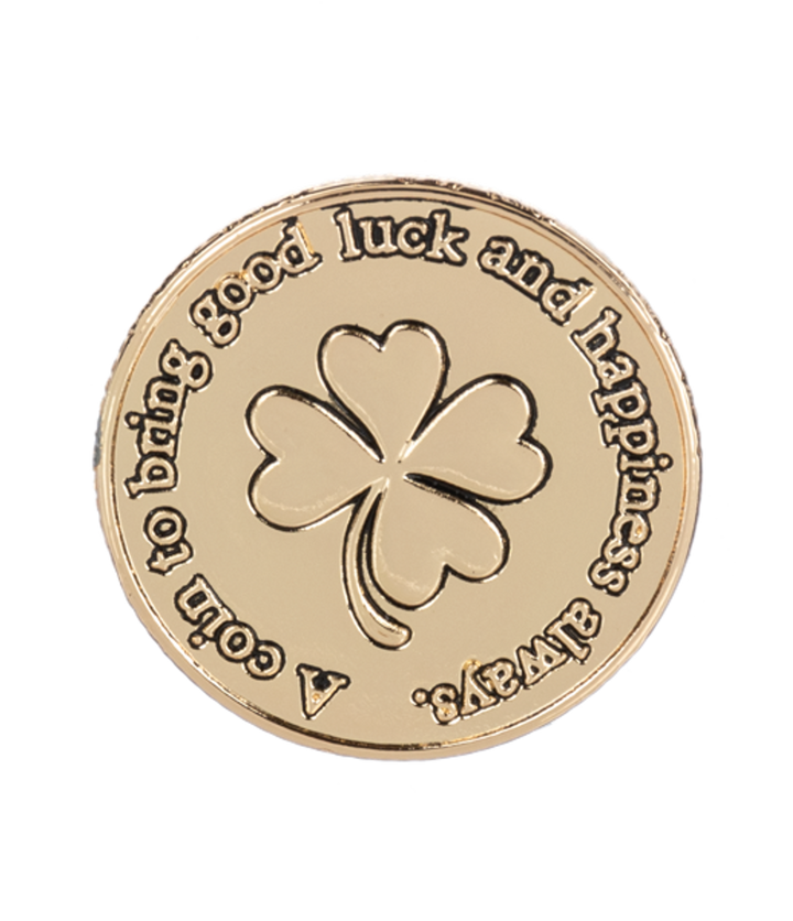Gold coin with a four-leaf clover design and text on a white background