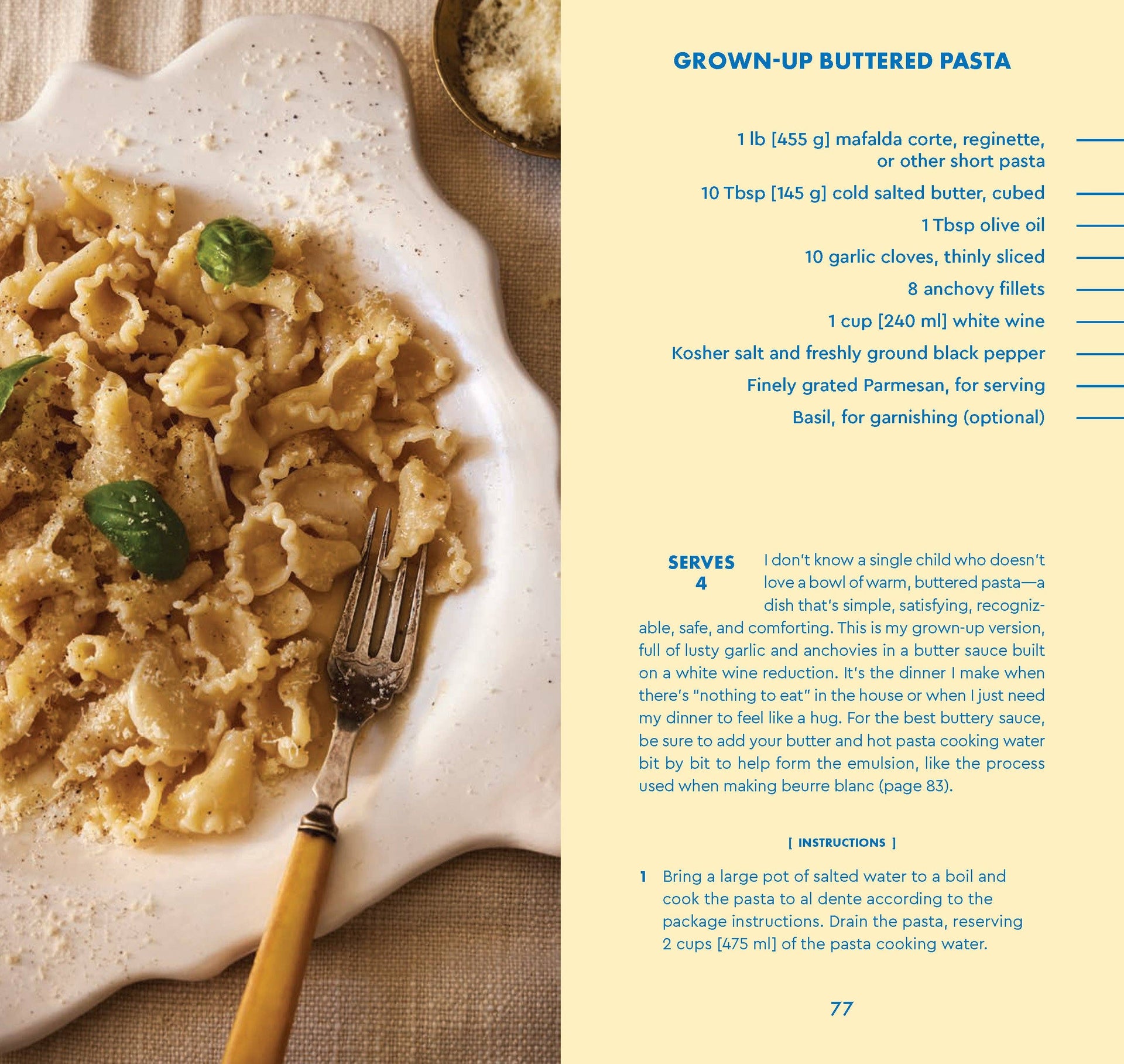 Buttered pasta dish with a fork on a white plate, accompanied by a recipe card on the right.