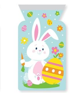 Cartoon Easter bunny cello bag with colorful eggs and flowers on a blue background
