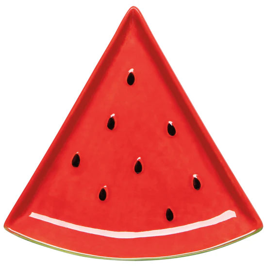 Triangular plate designed to look like a watermelon slice on a white background