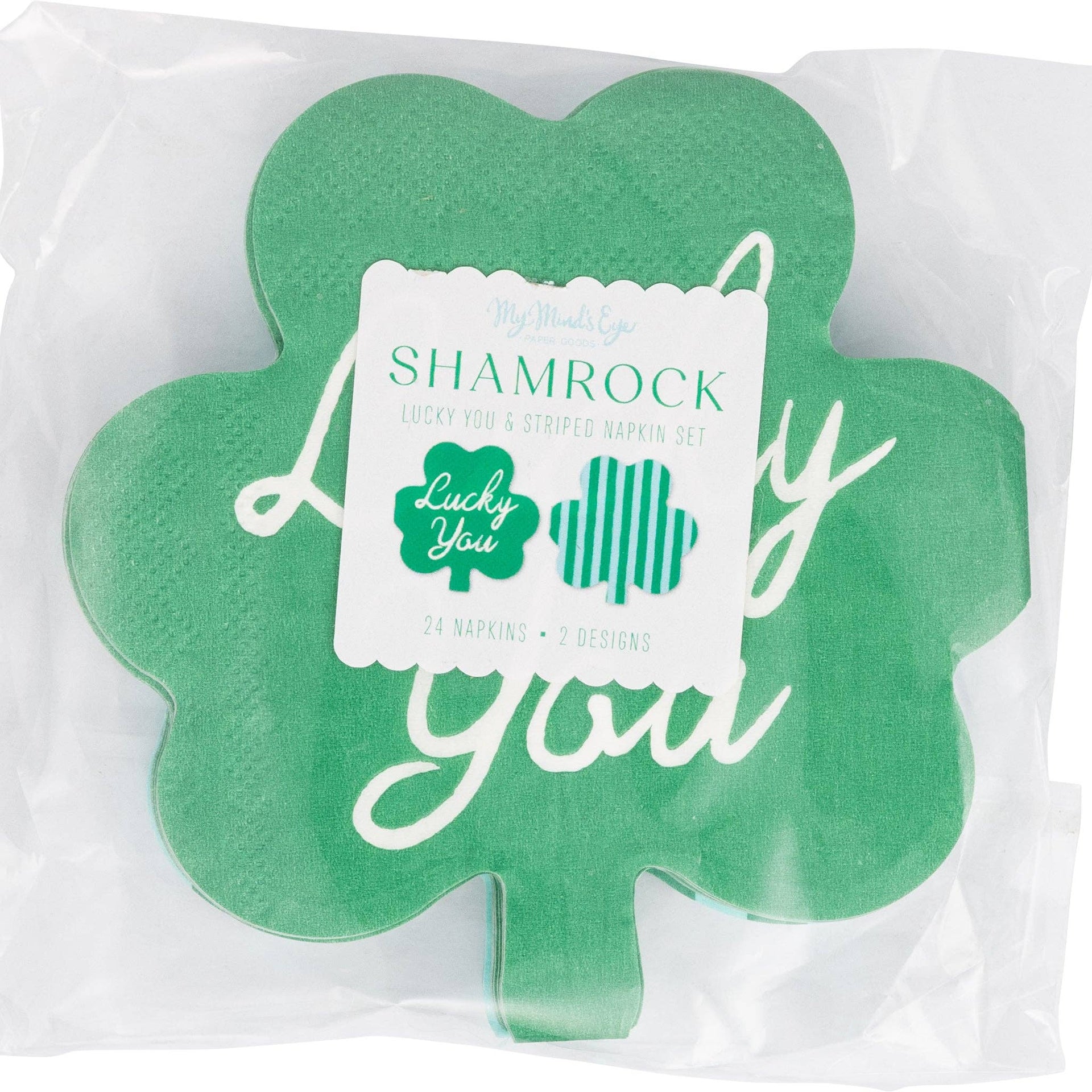 Green shamrock-shaped napkins with 'Lucky You' text on a white background
