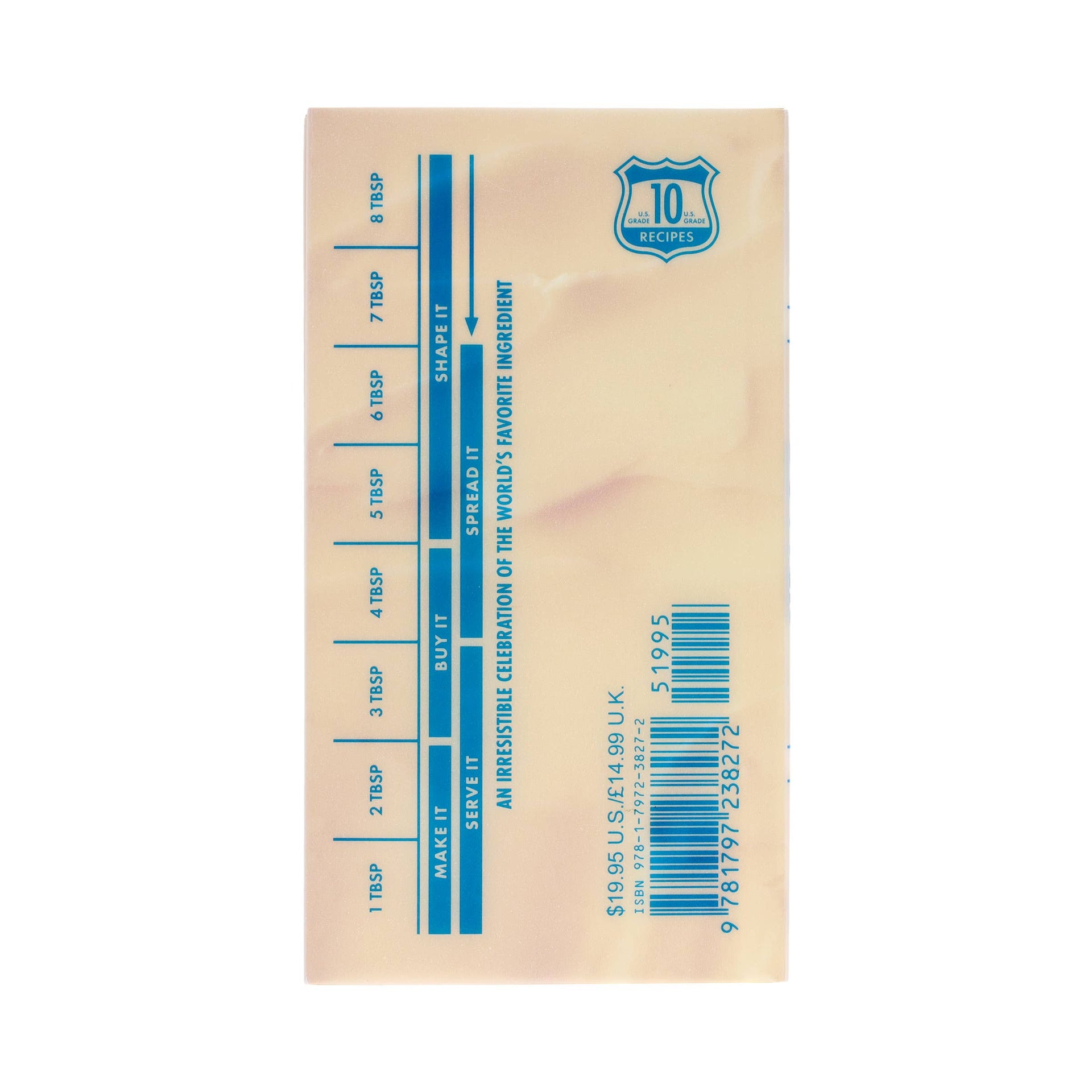 Beige cookbook with blue text and measurements on a white background
