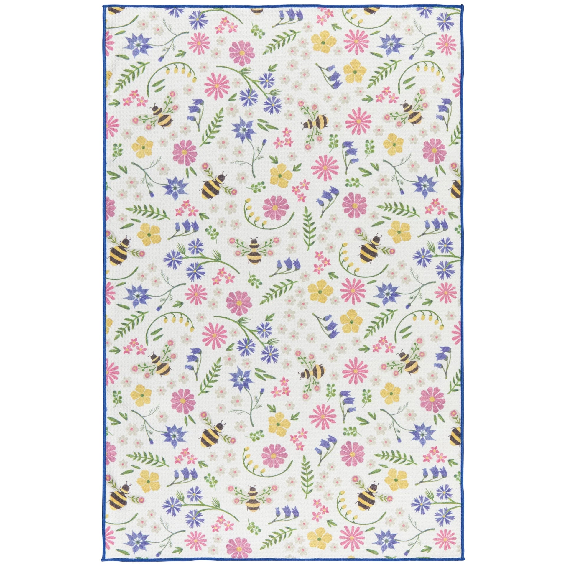 Floral patterned kitchen towel with flowers and bees on a white background