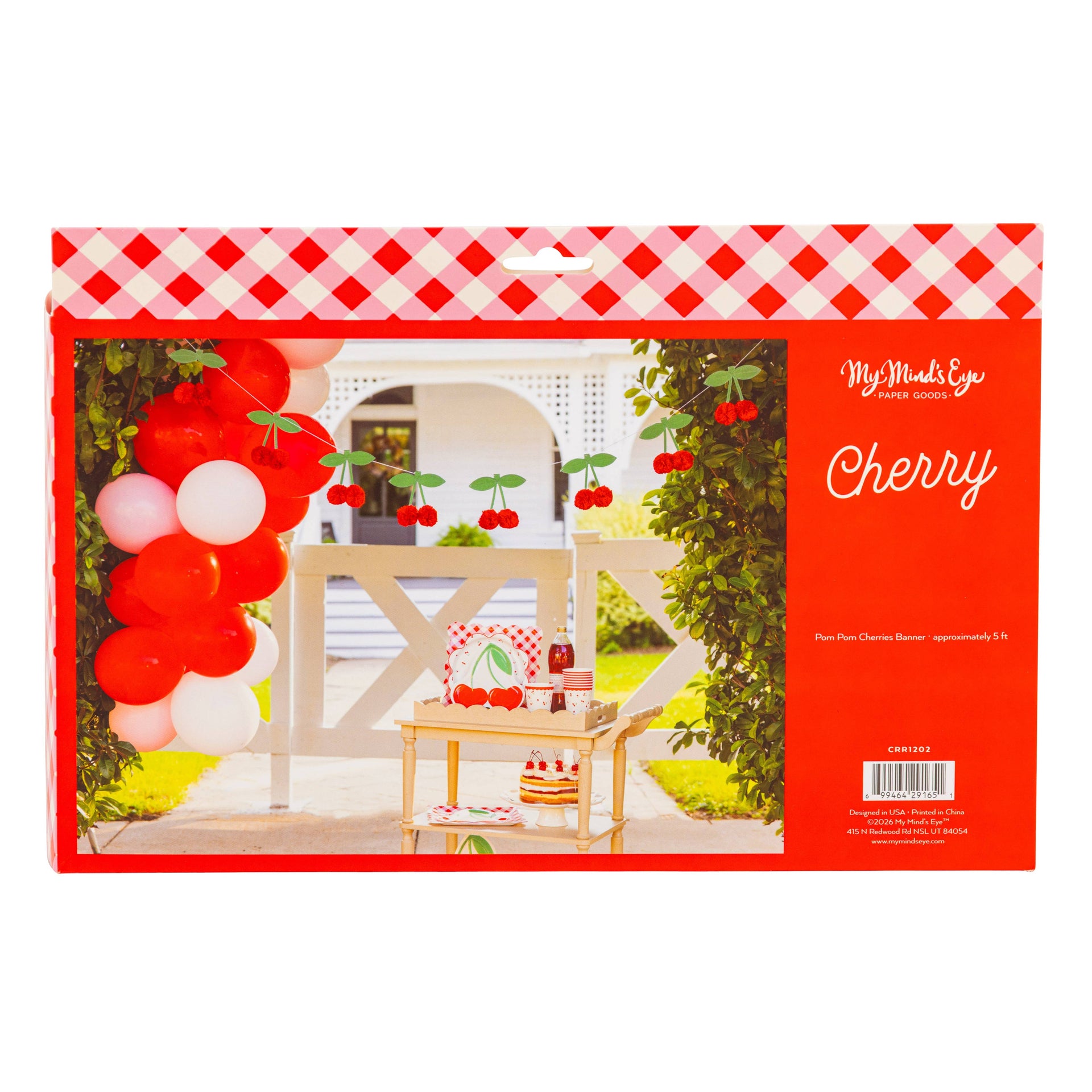 Packaging of 'My Mind's Eye Cherry' decorative garland with red and white gingham border.