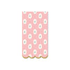 Scallop-edged napkin with white floral pattern on pink striped background