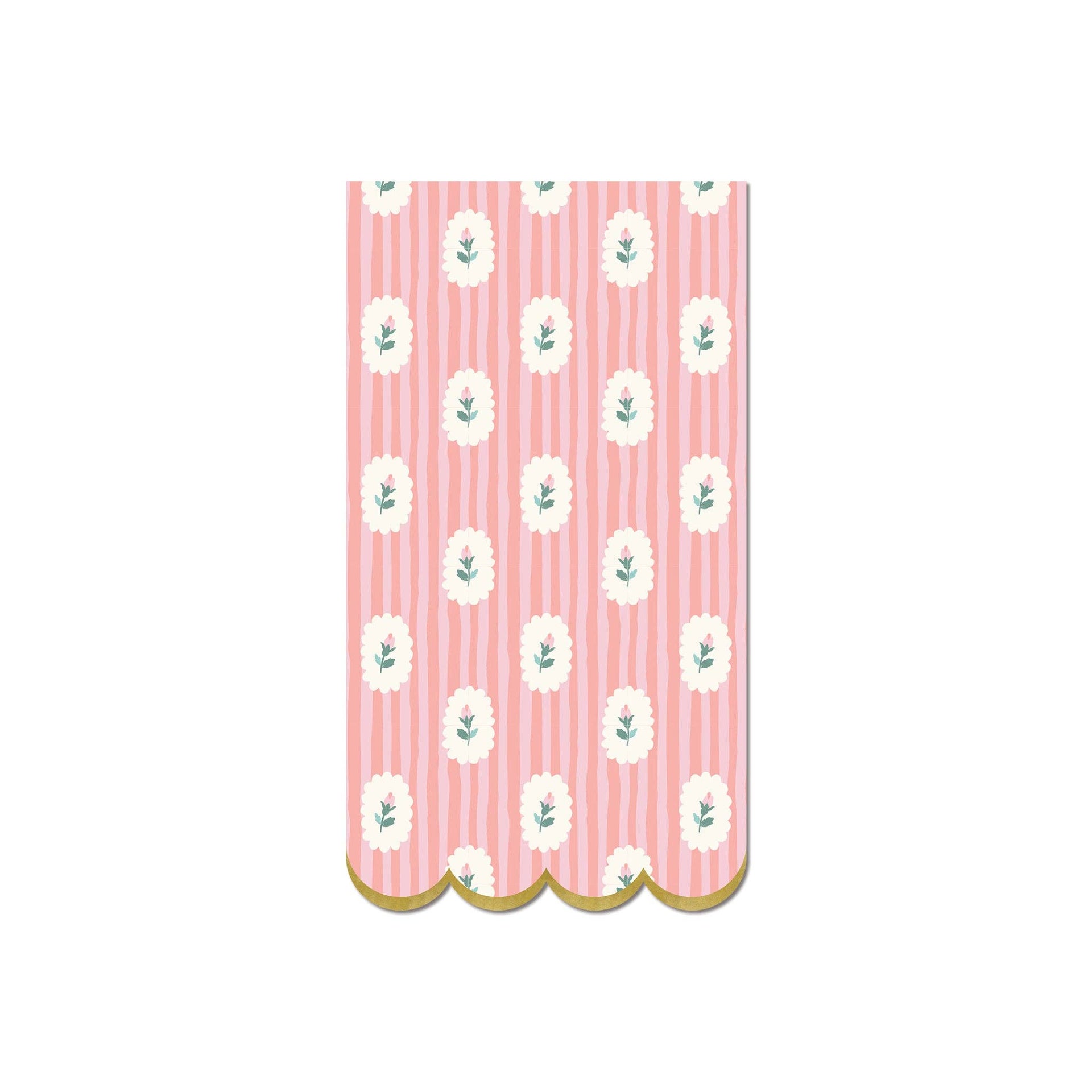 Scallop-edged napkin with white floral pattern on pink striped background