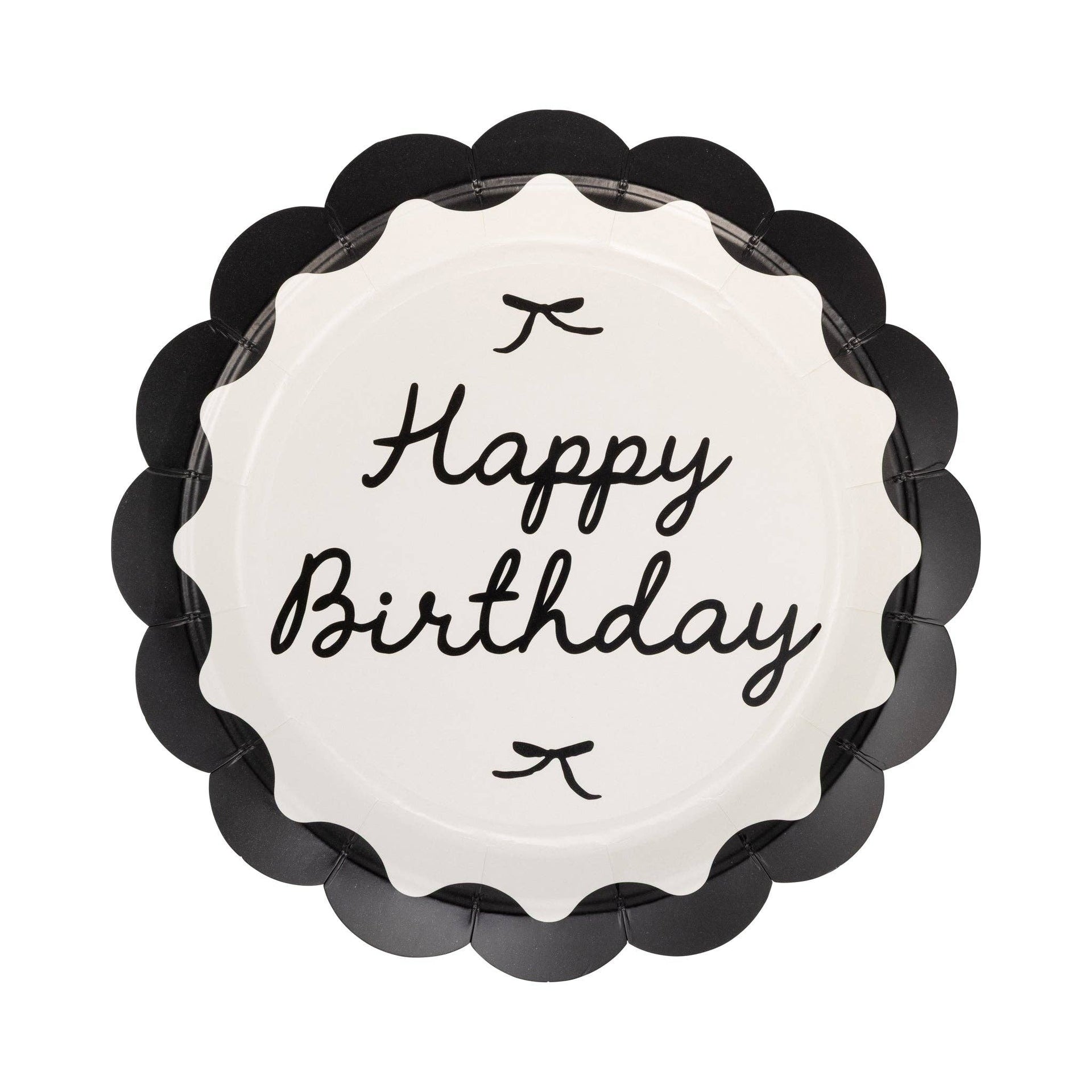 Scalloped paper plate featuring Happy Birthday message, black bows and black outer rim, on white background