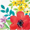 Colorful floral design napkin with red, yellow, and purple flowers on a white background