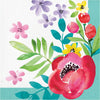 Colorful floral design napkin with pink, purple, red, and yellow flowers on a white background.