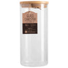Clear glass canister with a wooden lid on a white background