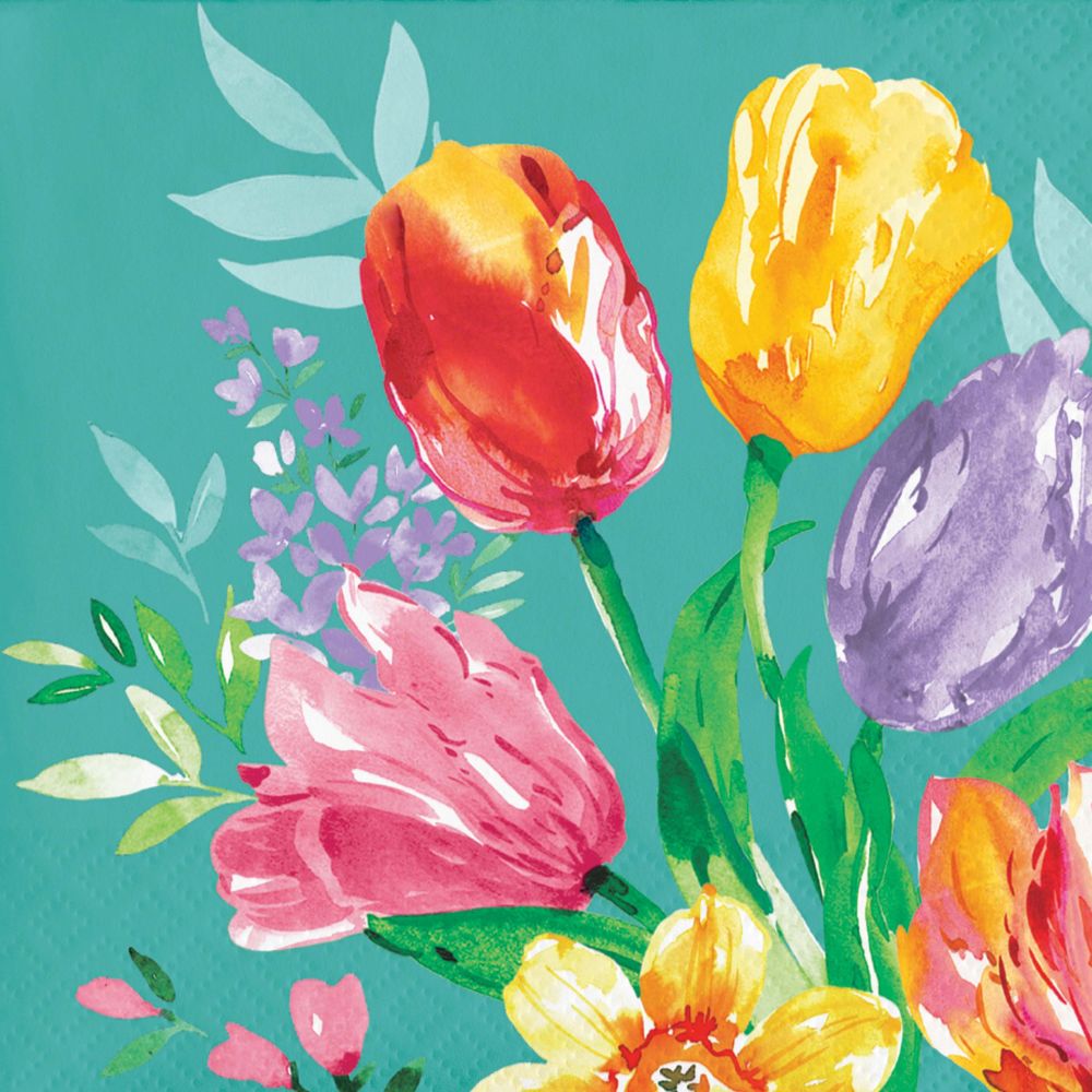 Napkin with colorful tulips on a teal background