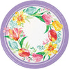 Floral paper plate with tulips on a white background