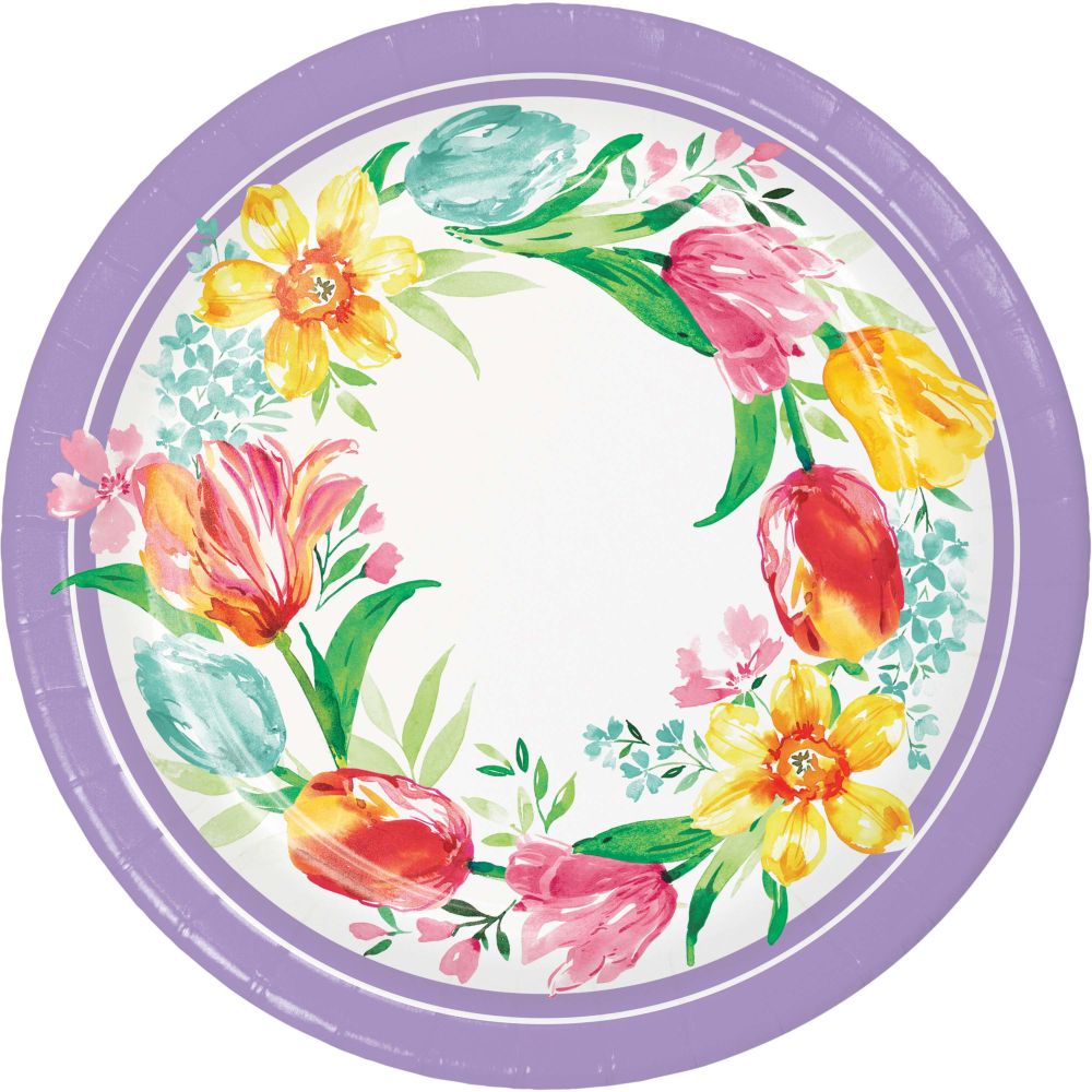 Floral paper plate with tulips on a white background