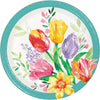 Round paper plate with colorful tulip design on a white background