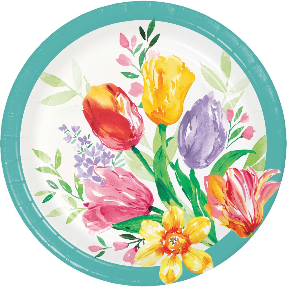 Round paper plate with colorful tulip design on a white background