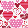 Pattern of red and pink hearts with various designs on a white background