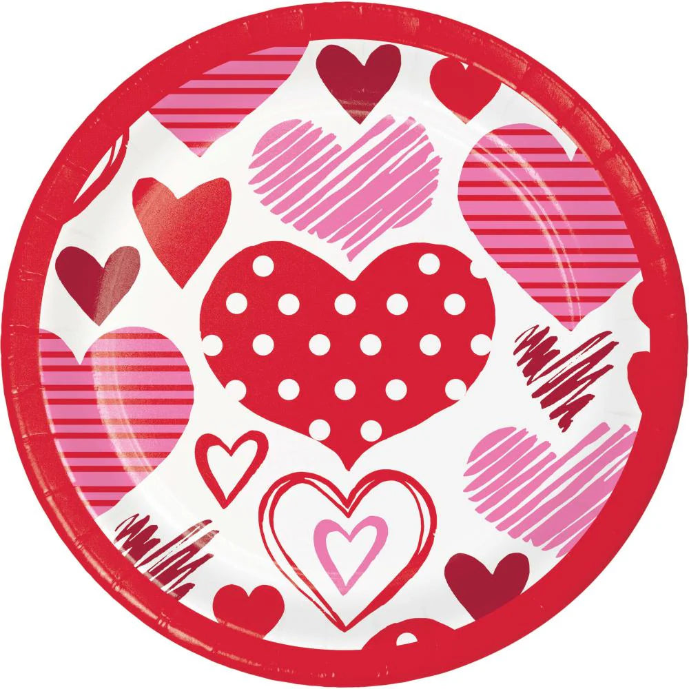 Paper plate with heart designs on a white background
