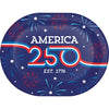 Decorative oval paper plate with 'America 250' and fireworks design on a blue background