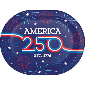 Decorative oval paper plate with 'America 250' and fireworks design on a blue background