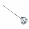 Metallic thermometer with a long probe on a white background