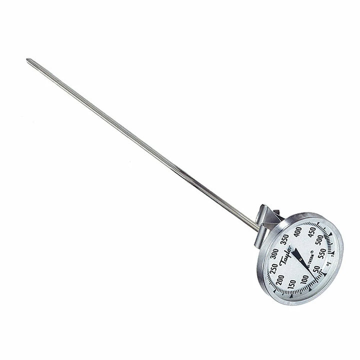 Metallic thermometer with a long probe on a white background