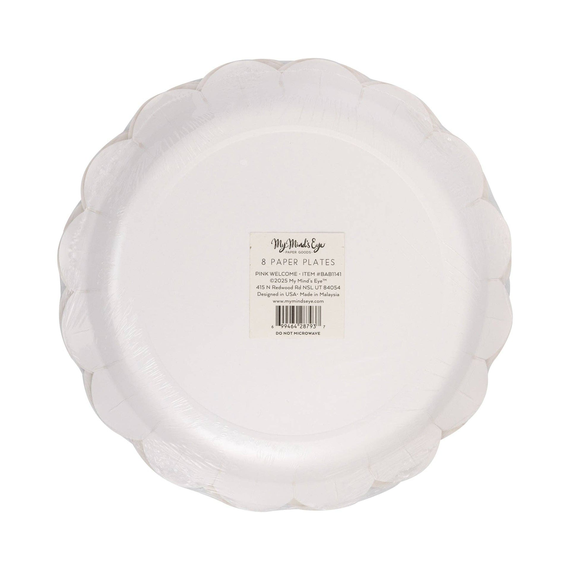 Bottom view of paper plates with a visible brand label on a white background