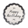 Scalloped paper plate featuring Happy Birthday message, black bows and black outer rim, on white background