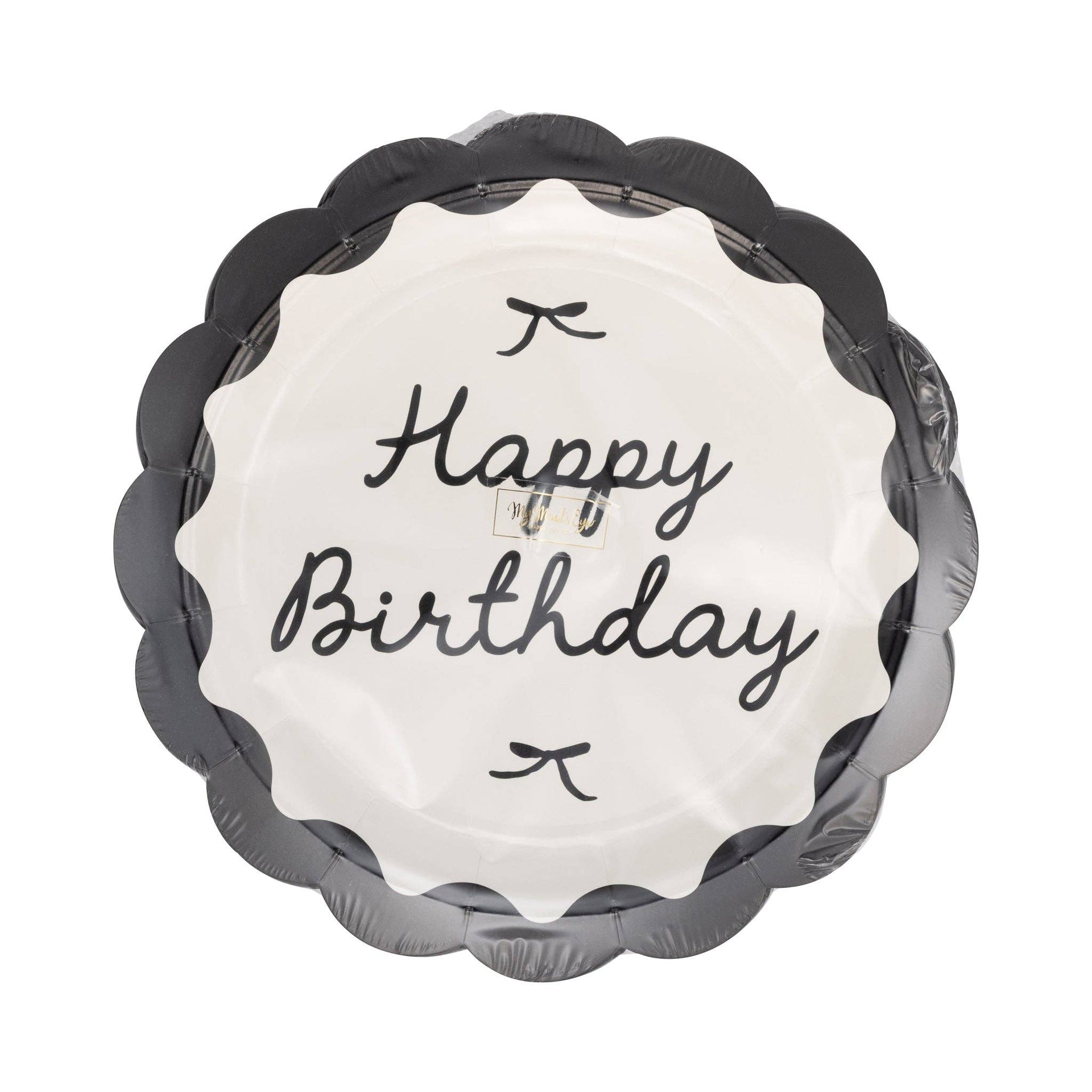 Scalloped paper plate featuring Happy Birthday message, black bows and black outer rim, on white background