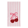 A rectangular kitchen towel with vertical pink and white stripes, featuring an embroidered design of two red cherries tied together with a pink ribbon.