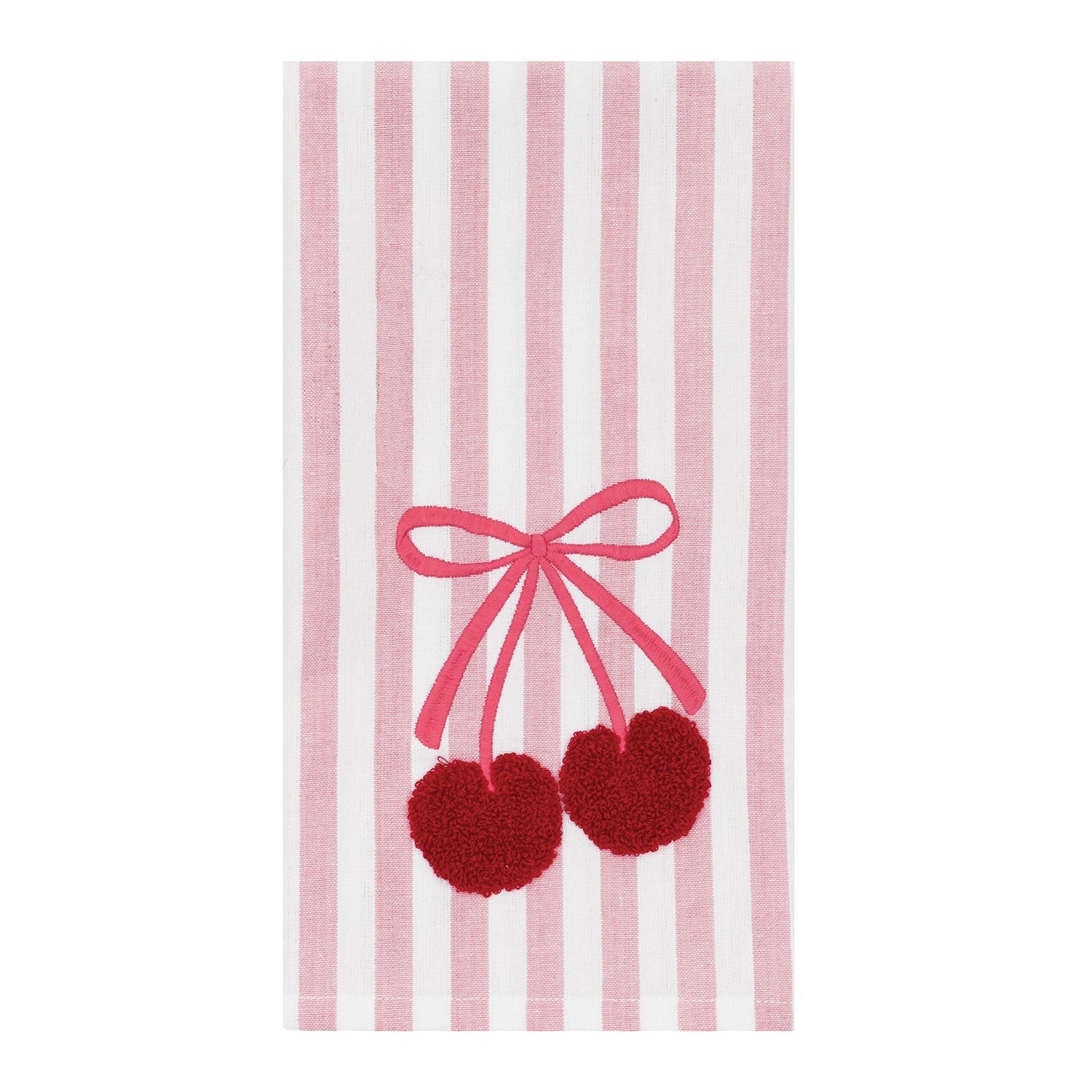 A rectangular kitchen towel with vertical pink and white stripes, featuring an embroidered design of two red cherries tied together with a pink ribbon.