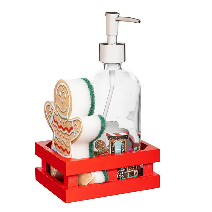 Soap dispenser and sponge in a red holder on a white background