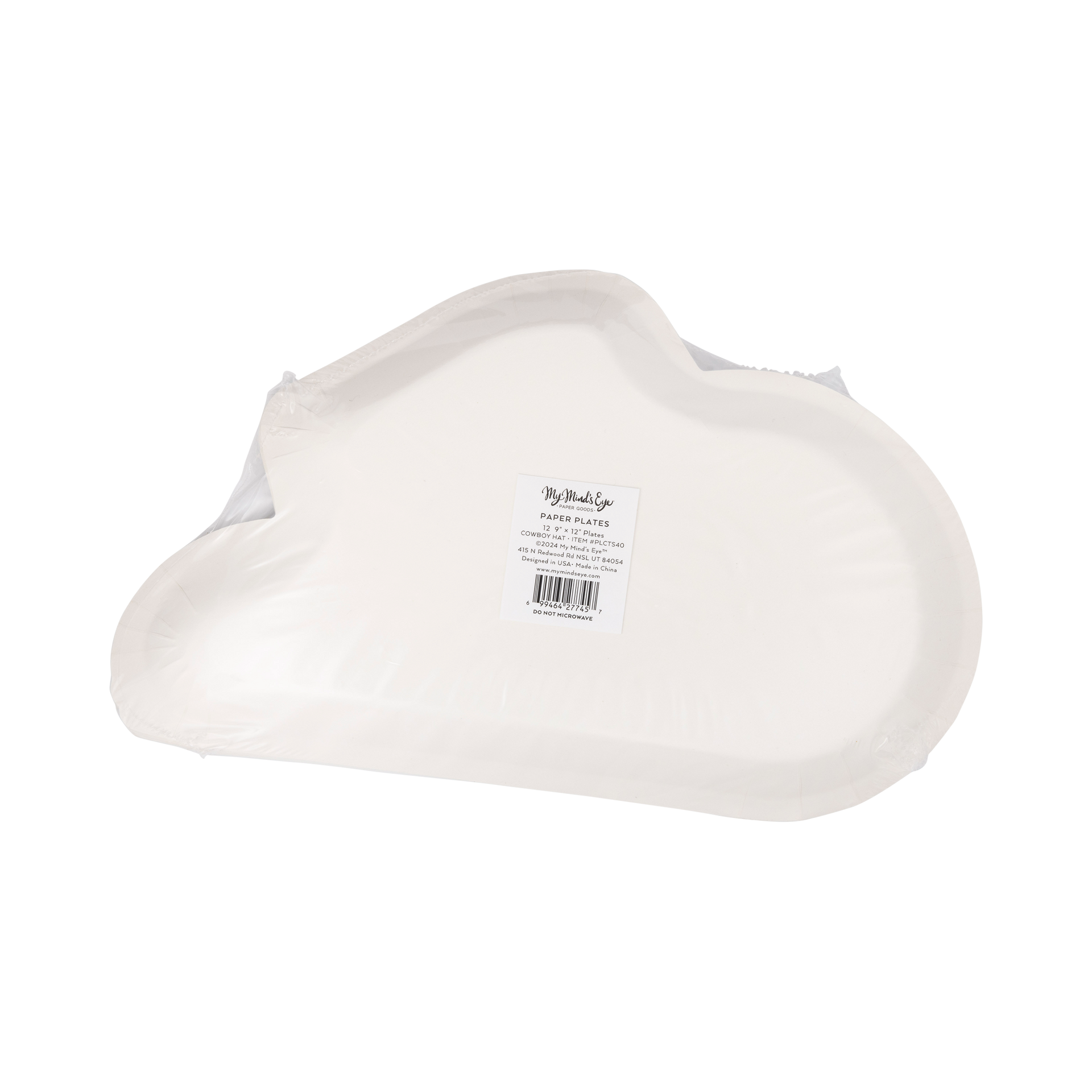 White plate with a visible brand label on a white background