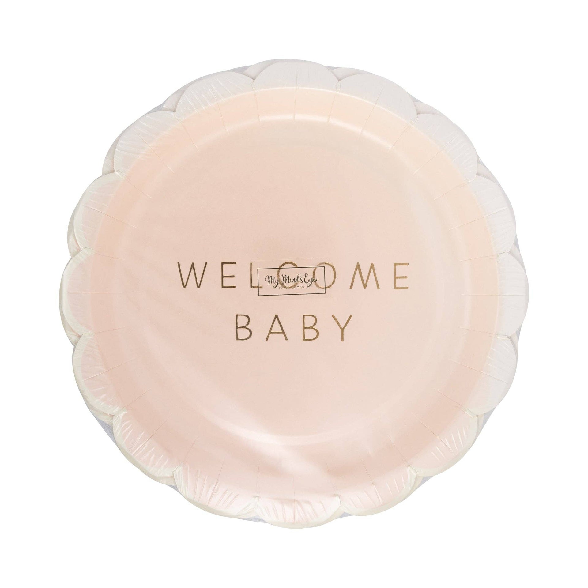 Package of pink baby plates with 'Welcome Baby' text on a white background