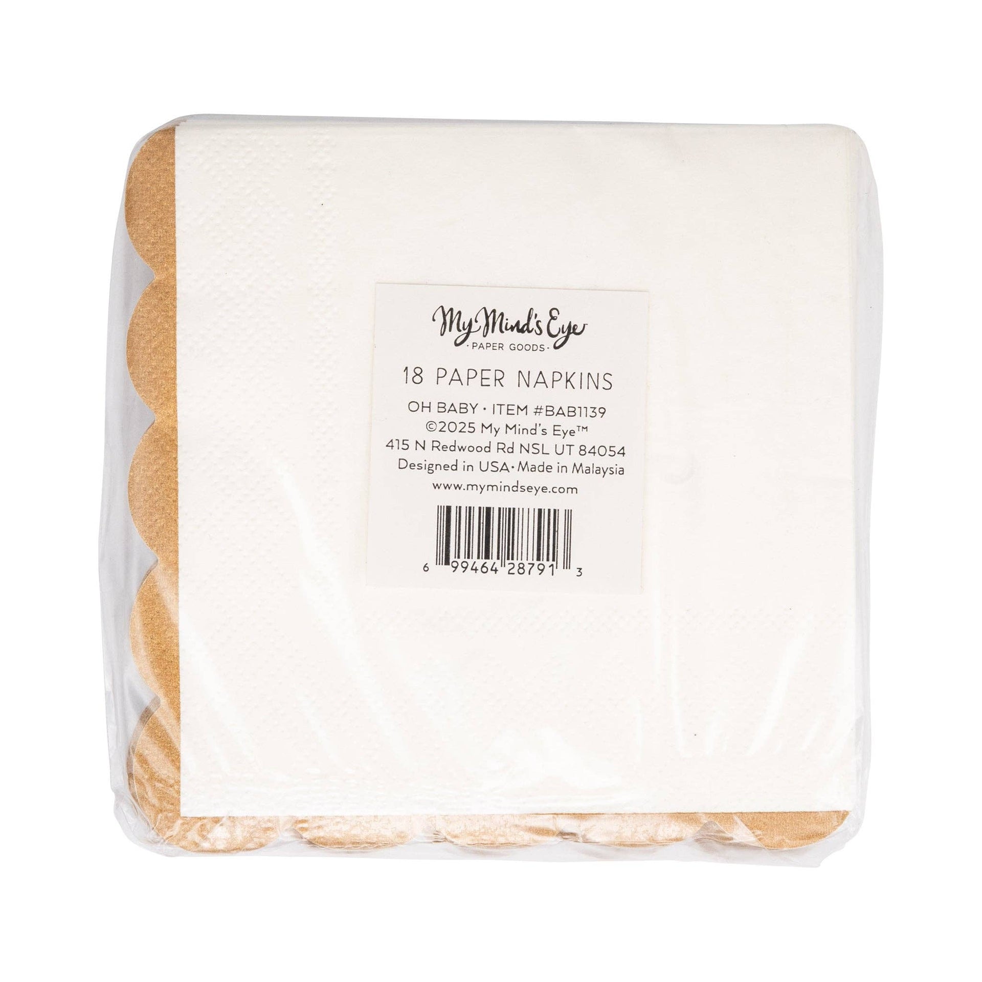 Pack of paper napkins with brand label on a white background