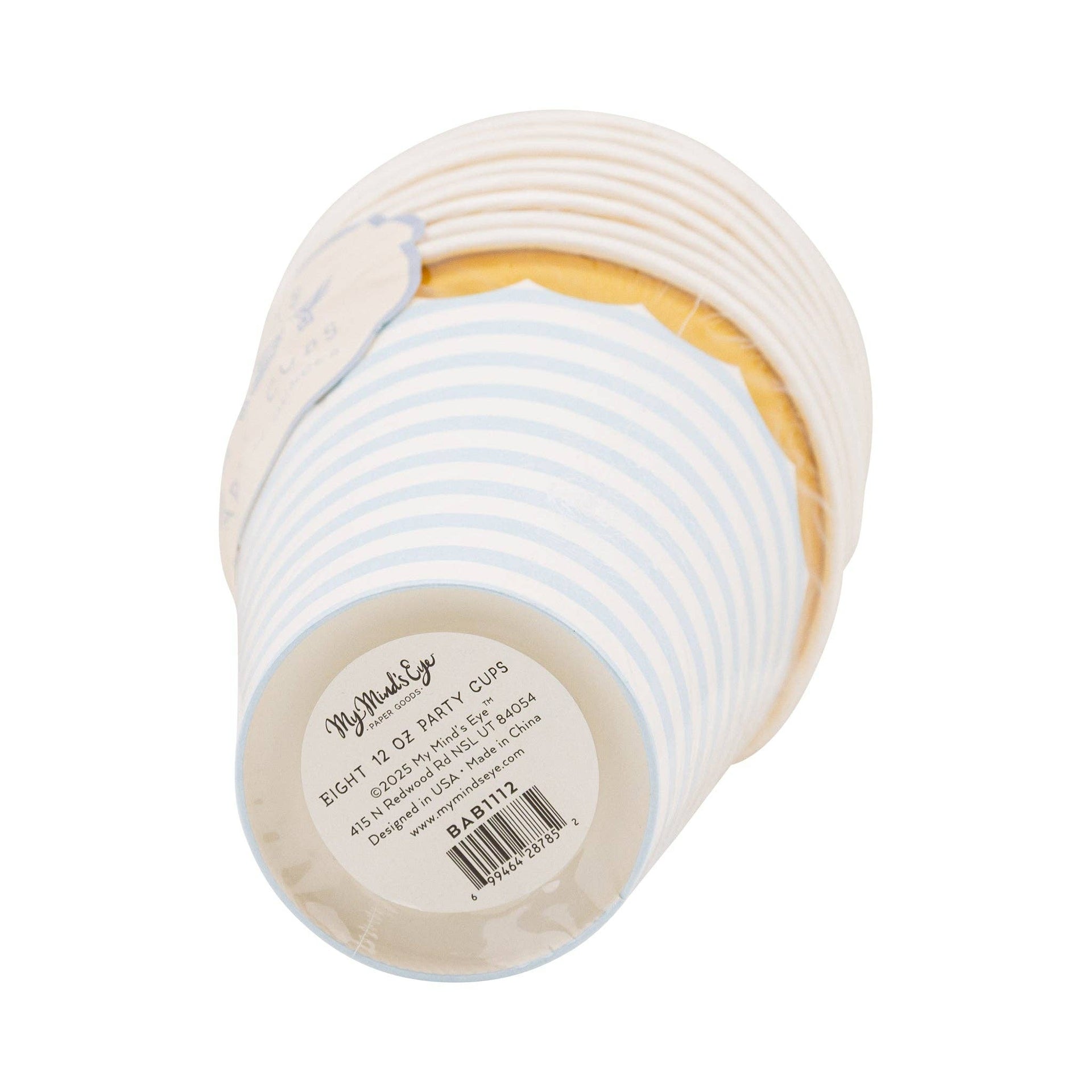 Stack of paper party cups with blue stripes on a white background showing brand label