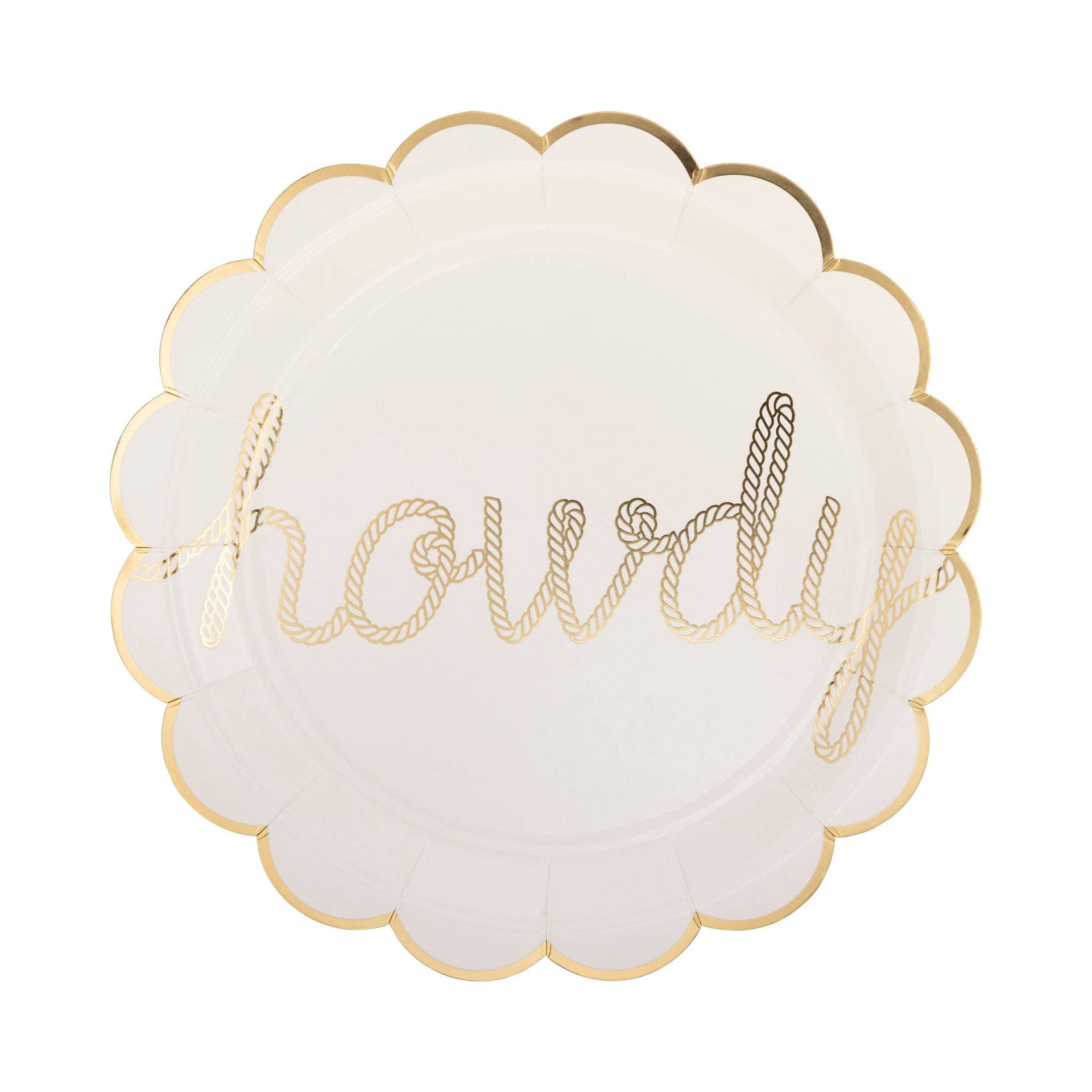 Decorative plate with scalloped edge and 'howdy' text in gold on a white background