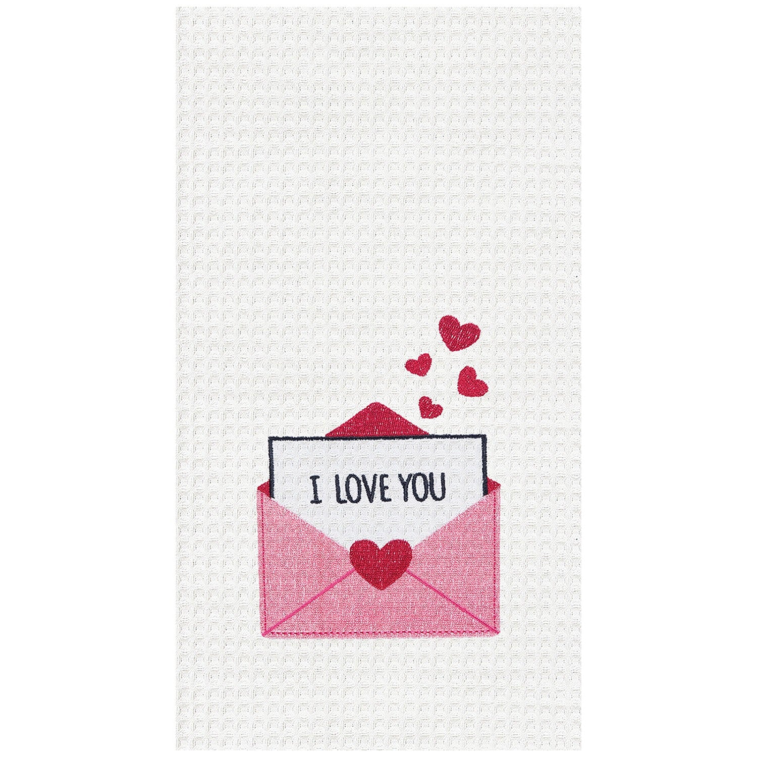 A white waffle-weave kitchen towel featuring a graphic of a pink envelope with a red heart, a white card reading 'I LOVE YOU', and four small red hearts floating above.