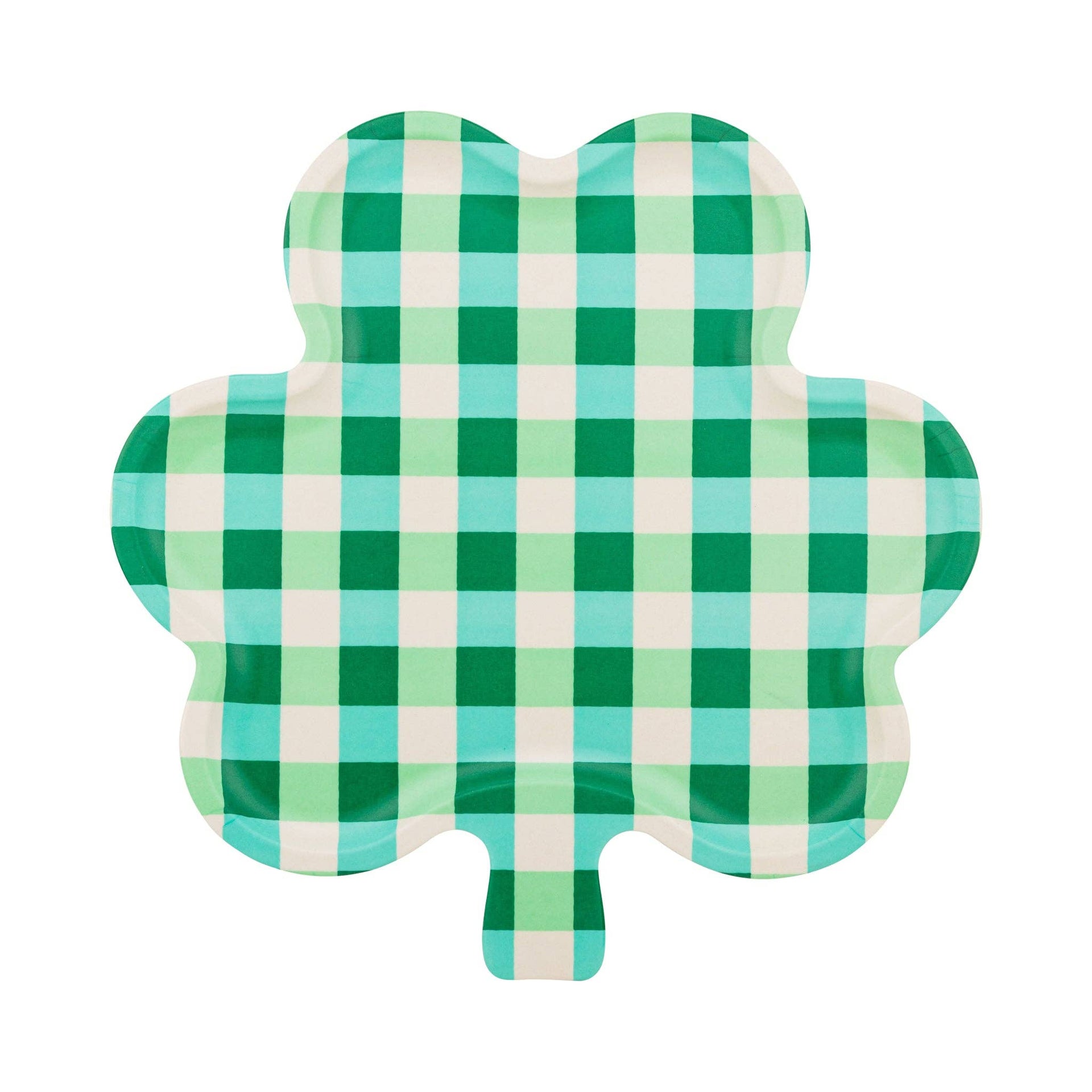 Green and white checkered tray shaped like a clover on a white background