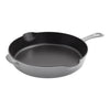Gray cast iron skillet on a white background