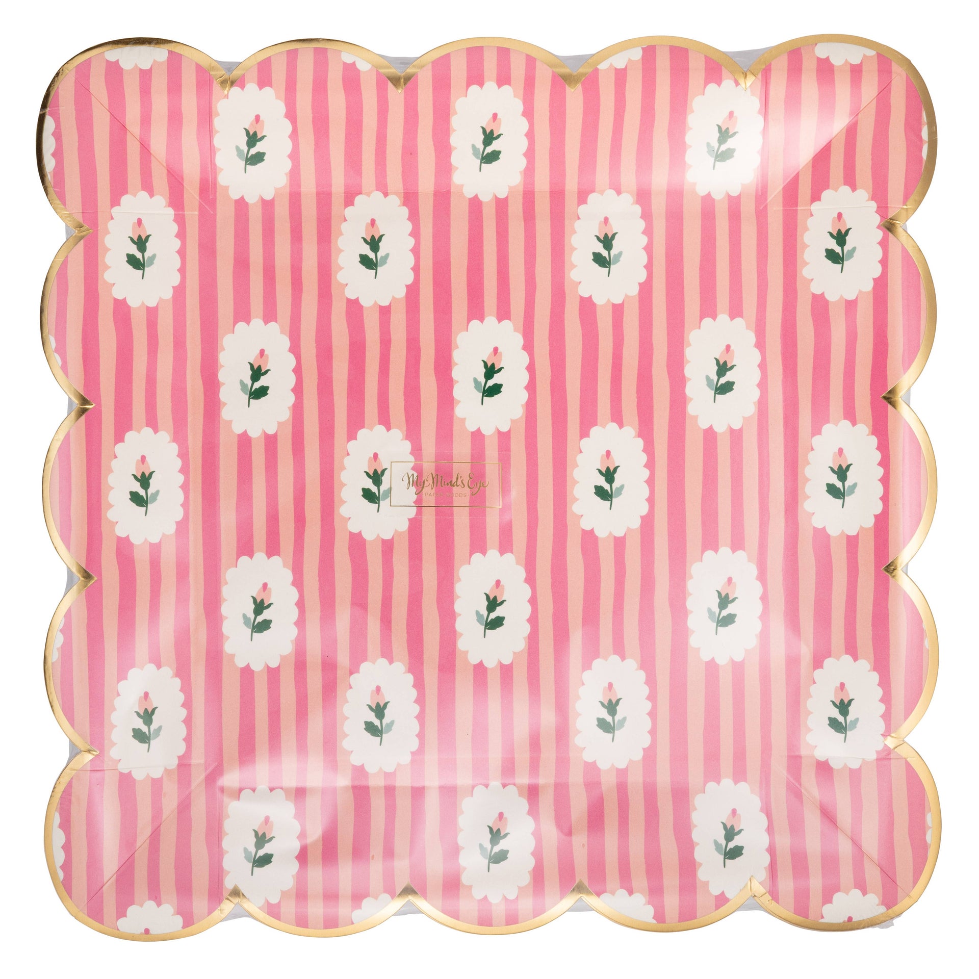 Decorative plate with pink stripes and white floral patterns