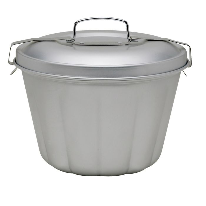 Stainless steel pot with lid on a white background