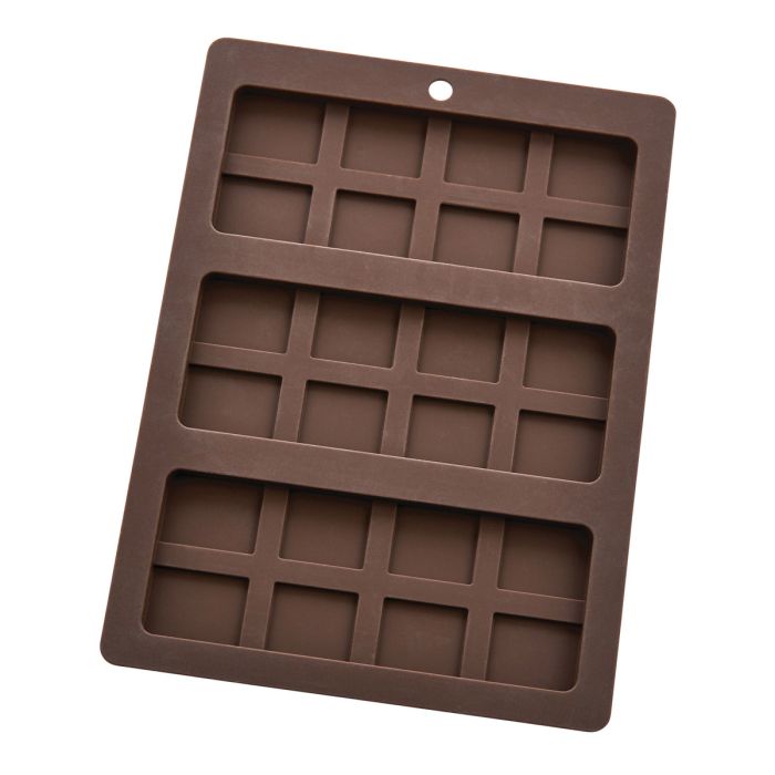 Brown silicone mold with grid pattern on a white background