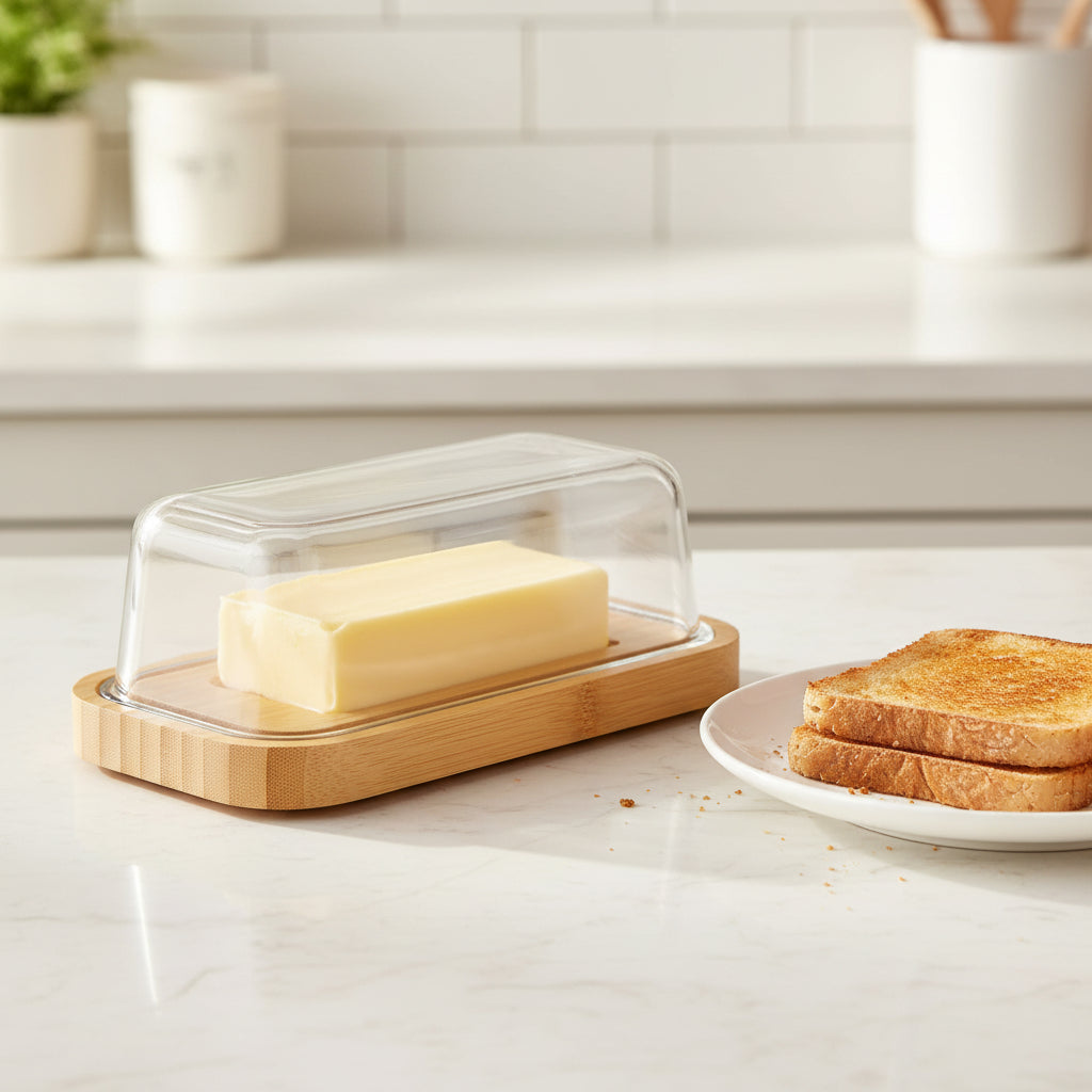 Butter dish with wooden base and clear lid on a white background