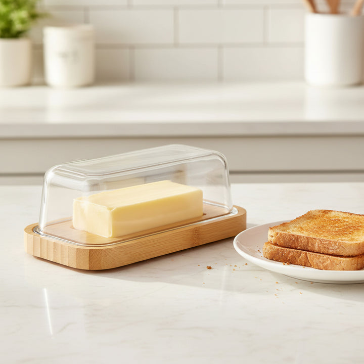 Butter dish with wooden base and clear lid on a white background