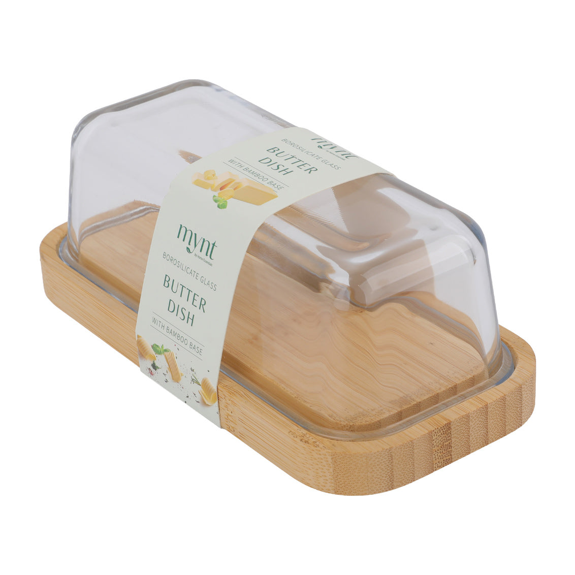 Butter dish with wooden base and clear lid on a white background