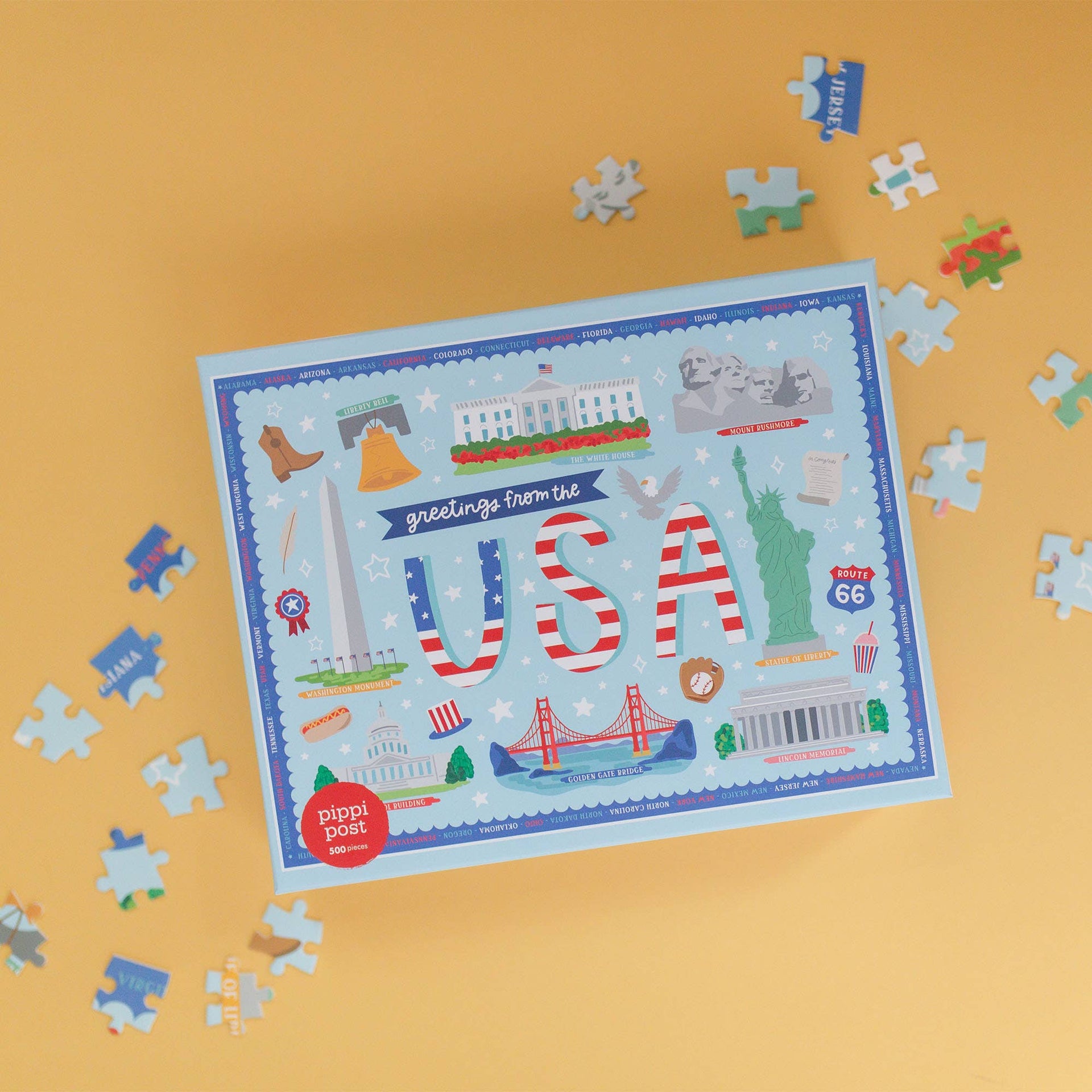 Puzzle with 'Greetings from the USA' theme on a yellow background